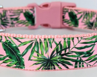 Pink Palm Leaves Dog Collar / Summer Dog Collar / Beach Dog Collar - LIMITED Supply