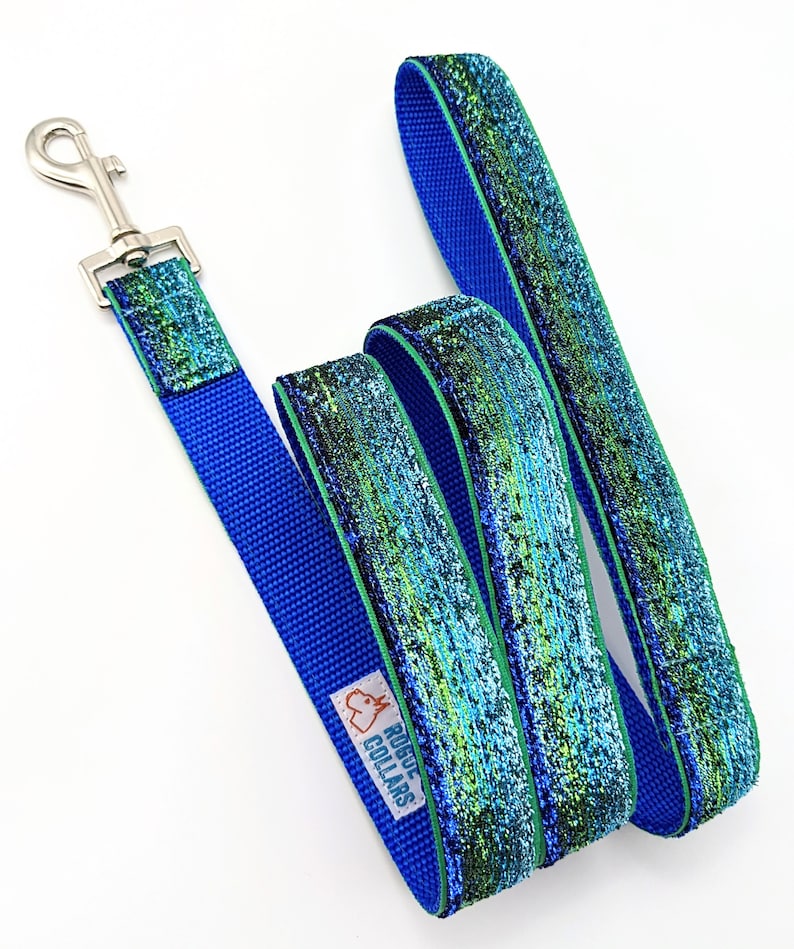 5 Foot Custom Metallic Sparkle Ribbon Leash Blue Green Ombre