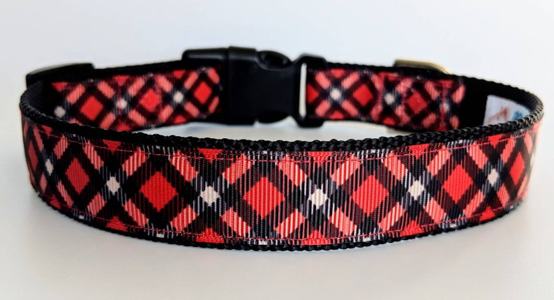 Red Black Tartan Plaid Dog Collar / Christmas Winter Dog Collar image 1