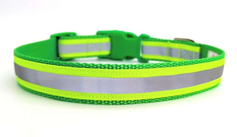 Neon yellow and grey reflective ribbon on a lime green dog collar with a lime green buckle. All on a plain white background.