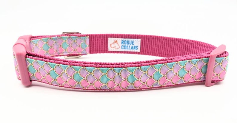 Pink Mermaid Scales Dog Collar / Summer Beach Dog Collar XL (1" wide) 17-29in