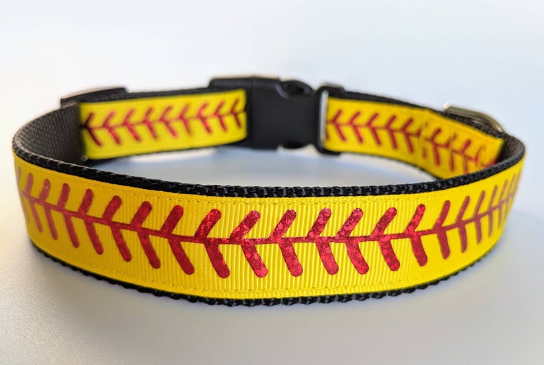 Softball Stitches Dog Collar / Yellow Softball Dog Collar You pick the nylon & buckle colors image 1
