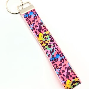 Custom Ribbon Key Fob / Key Chain Holder You pick the design Rainbow Leopard