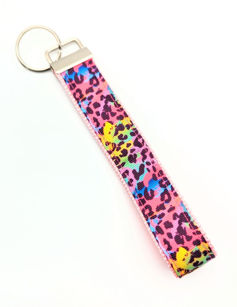 Custom Ribbon Key Fob / Key Chain Holder You pick the design Rainbow Leopard