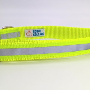 Neon Yellow Reflective Safety Dog Collar L with Metal Buckle