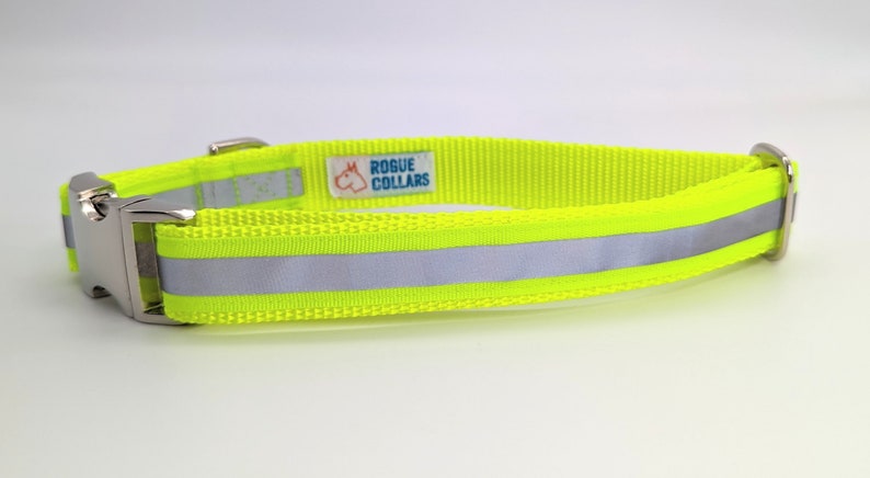 Neon Yellow Reflective Safety Dog Collar L with Metal Buckle