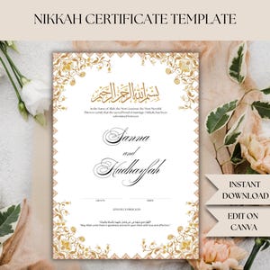 Luxe Nikkah-certificaatsjabloon, premium A4 islamitisch huwelijkscontract, Nikkah Nama, moslimhuwelijksakte, gepersonaliseerde namen - GOUD