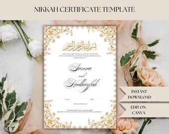 Luksusowy szablon certyfikatu Nikkah, Premium A4 Islamska umowa ślubna, Nikkah Nama, Muzułmański certyfikat małżeństwa, Spersonalizowane imiona - ZŁOTO