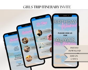 Girls 30th Birthday Trip itinerary, itinerary template, travel itinerary, Birthday Weekend Invitation, Weekend Itinerary, Digital Schedule
