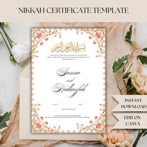 Luxe Nikkah-certificaatsjabloon, premium A4 islamitisch huwelijkscontract, Nikkah Nama, moslimhuwelijksakte, gepersonaliseerde namen