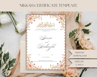 Luksusowy szablon certyfikatu Nikkah, Premium A4 islamska umowa ślubna, Nikkah Nama, muzułmański certyfikat małżeństwa, spersonalizowane imiona