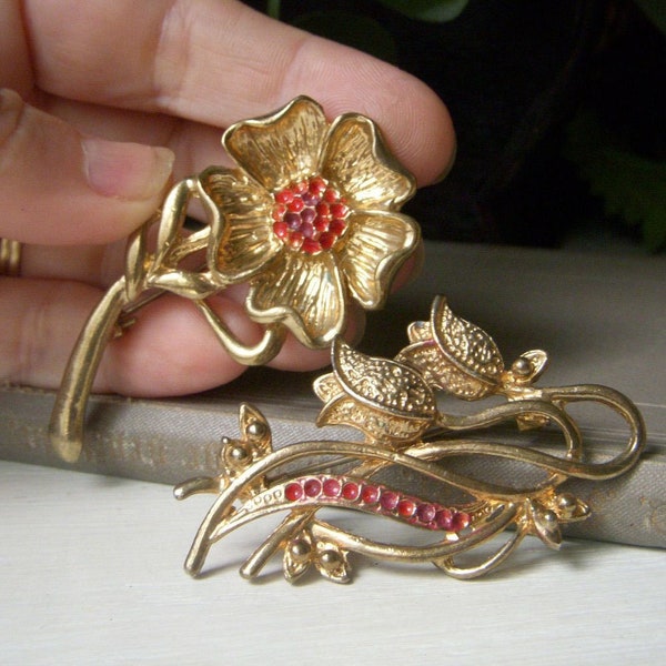 Set of Two Vintage Floral Brooches, Red Enamel Accents, 1940's Pair of Pins, Flower Leaf Set, C Safety Clamp