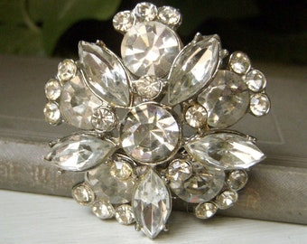 Vintage Clear Rhinestone Brooch, Large Round Floral Pin, Mid Century Costume Jewelry, Domed Crystal Clear