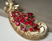 Vintage Rare Alfred Weiss Red Floral Leaf Brooch, Red Rhinestone Floral Spray, Signed Weiss, Stunning Large 3 quot Dark Red Rhinestone Pin
