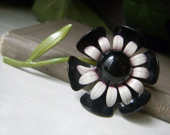 Vintage Black Enamel Floral Brooch, Large 2.75 Inch Daisy Flower Pin, 1960's Floral