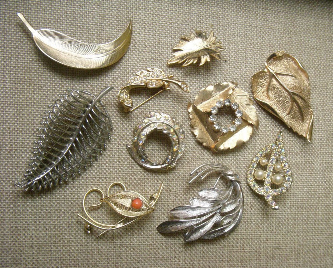 Large Lot of 10 Vintage Leaf Brooches, on Sale, Rhinestone Mid Century