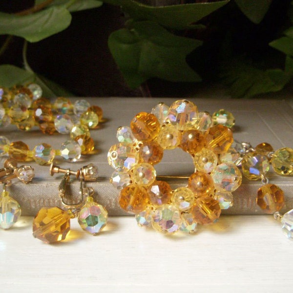 Full Parure Jewelry Set Vintage Dazzling Swarovski AB Crystal, Two Strand Necklace and Brooch Earrings Bracelet Vintage Topaz and Yellow Set