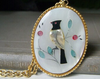 Vintage Mother of Pearl Bird Inlay Pendant Necklace, White Shell with Gemstone Inlay, Goldtone Chain Necklace