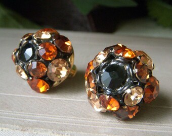 Vintage Richelieu Cluster Earrings, Topaz Rhinestone, Goldtone Screw Back and Clip-on, Screwback/Clips, Prong-Set Mid Century