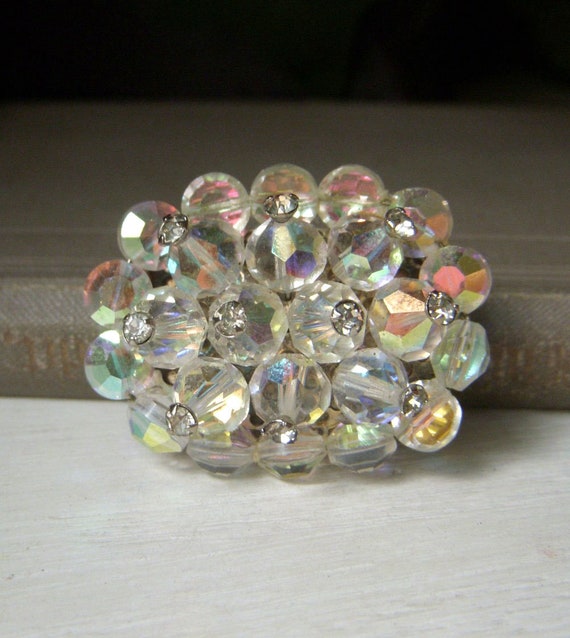 Vintage Clear Oval Swarovski Brooch, Crystal Bead… - image 1
