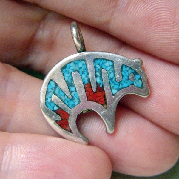 Vintage Zuni Bear Pendant, Turquoise and Coral Inlay, Native American Sterling Silver Jewelry