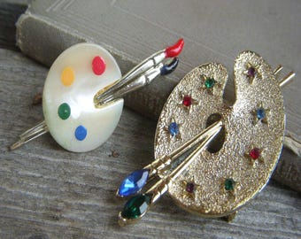 Vintage Palette Brooch, Lot of Two, Artist Painter Gift, Color Palette with Brushes, Mother of Pearl, Multi Color Rhinestone Paintbrush