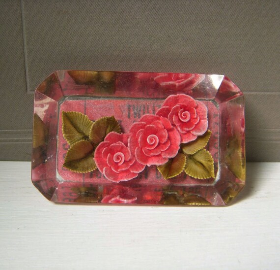 Vintage Reverse Carved Encased Floral Brooch, Red… - image 3