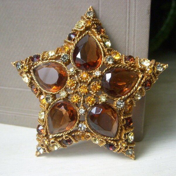 Rare Coro Star Brooch, Large Topaz Rhinestone Pin, Gorgeous Signed Coro, Huge 2.75 Domed Star,