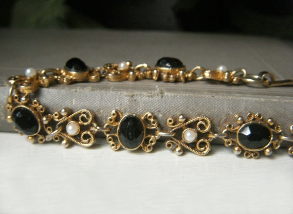 Vintage Florenza Bracelet, Black Rhinestone and F… - image 1