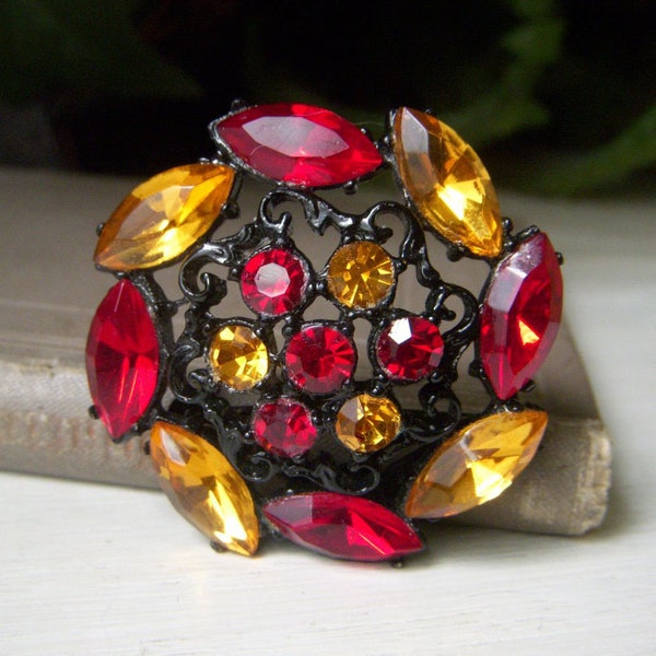 Vintage Red Yellow Rhinestone Brooch, Navette Yellow Red and Topaz Rhinestones, Japanned Black Metal, Floral Pin