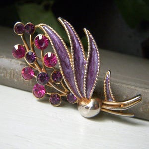 Vintage M. Jent Fuchsia and Amethyst Rhinestone Enamel Floral Brooch, Goldtone Pin, 1970's Textured Gold, 2.25 Inch MJent, Purple Pink Pin