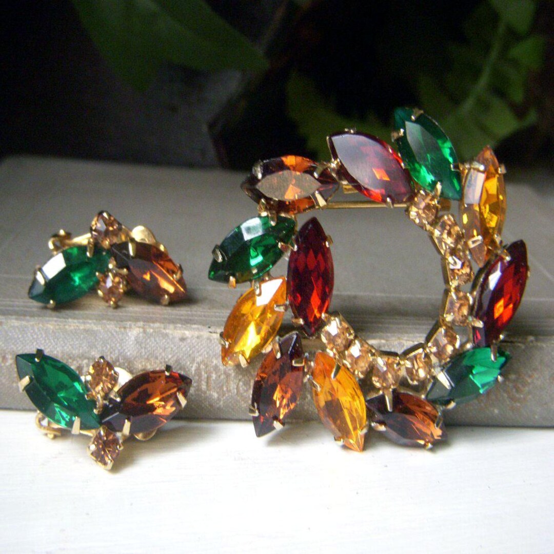 Vintage Fall Colors Rhinestone Leaf Brooch and Earrings, Topaz Rust ...