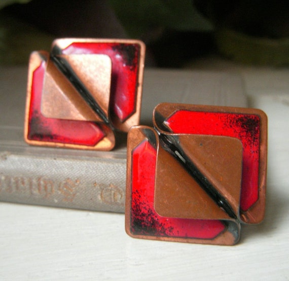 Vintage Red Enamel Earrings, Clip-on Copper, Mod … - image 3