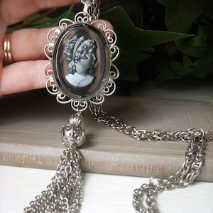 Vintage Black Cameo Tassel Necklace, On Sale, Doubles As a Large 5.5 Inch Brooch, Lady Woman Cameo Pendant, Estate Jewelry