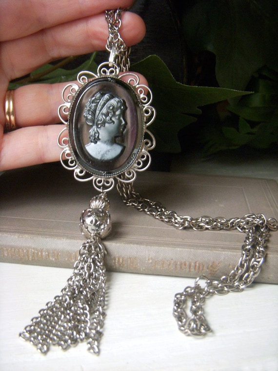 Vintage Black Cameo Tassel Necklace on Sale Doubles as a Large 5.5 Inch Brooch Lady Woman Cameo Pendant Estate Jewelry Etsy
