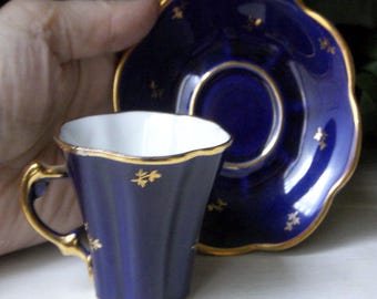 Vintage Limoges Cobalt Teacup and Saucer, Courting Couple