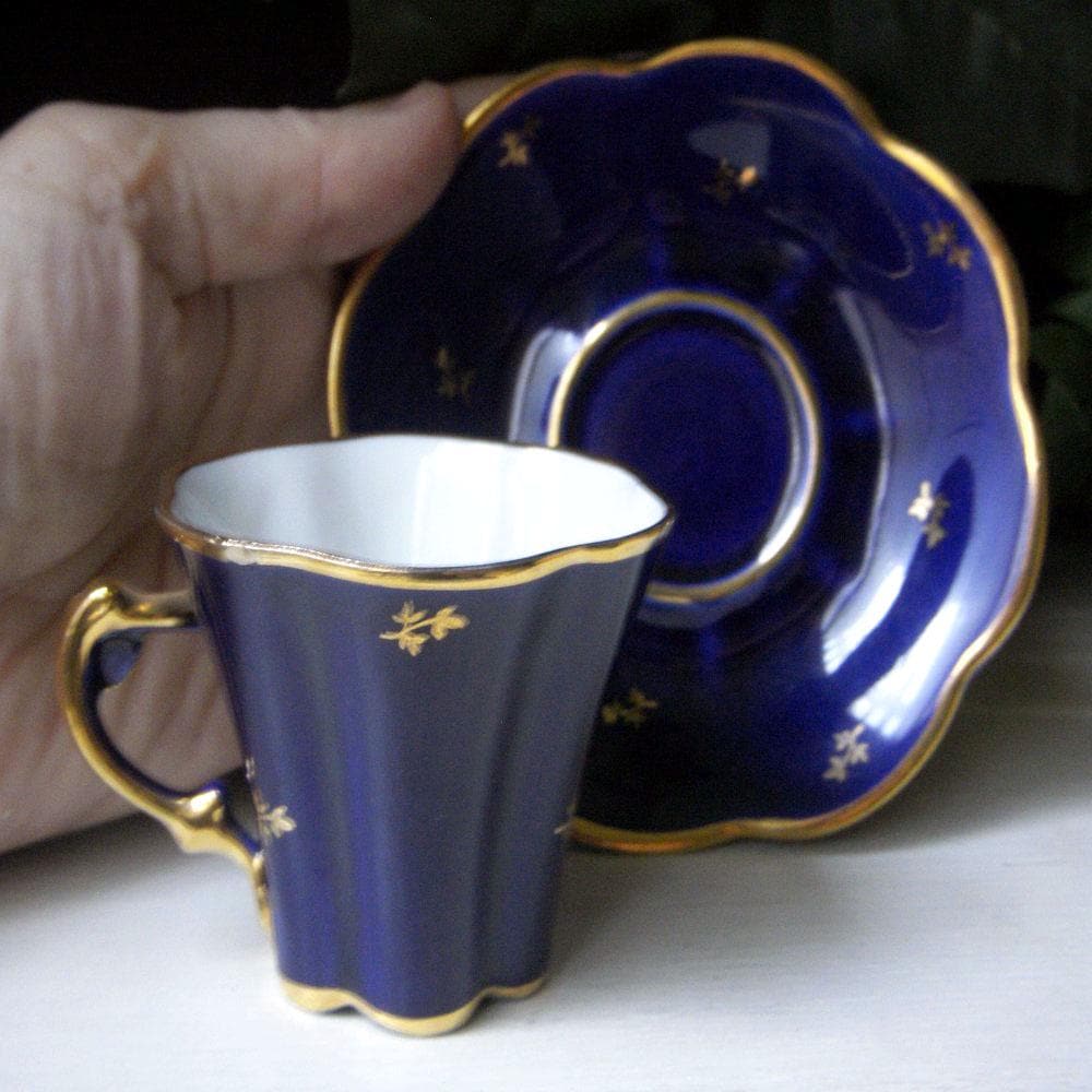 Vintage Limoges Cobalt Teacup and Saucer, Courting Couple
