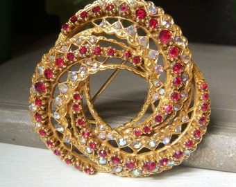 Vintage Signed ART Swirl Knot Brooch, Arthur Pepper 2" Pin, Red Rhinestone AB Pin, Rare ART Jewelry