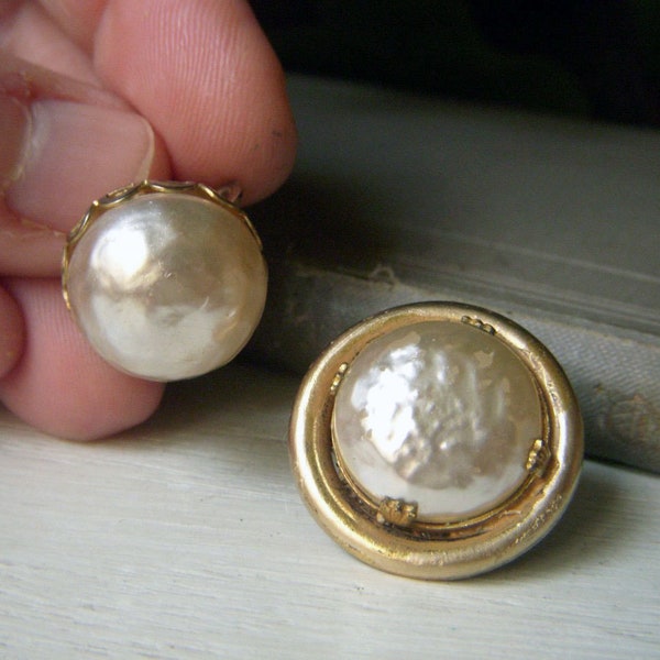 Vintage Miriam Haskell Single Earrings, Two Unmatched, Clip-on Screw Backs, Round Faux Pearl, Signed Haskell