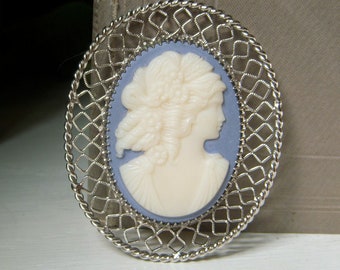 Vintage Wedgwood Blue Cameo, Lady Cameo Pin, Celluloid Resin Pin, Large Silvertone Filigree Oval, 2.3 Inch Blue White Cameo Brooch