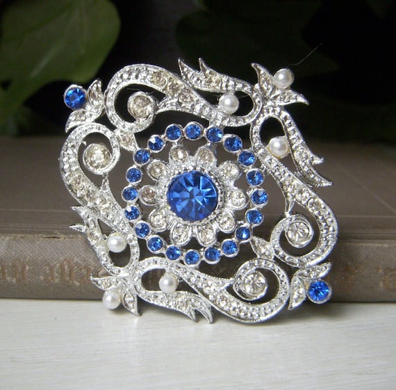 Vintage Sapphire Blue Rhinestone Brooch, Large 2.… - image 2