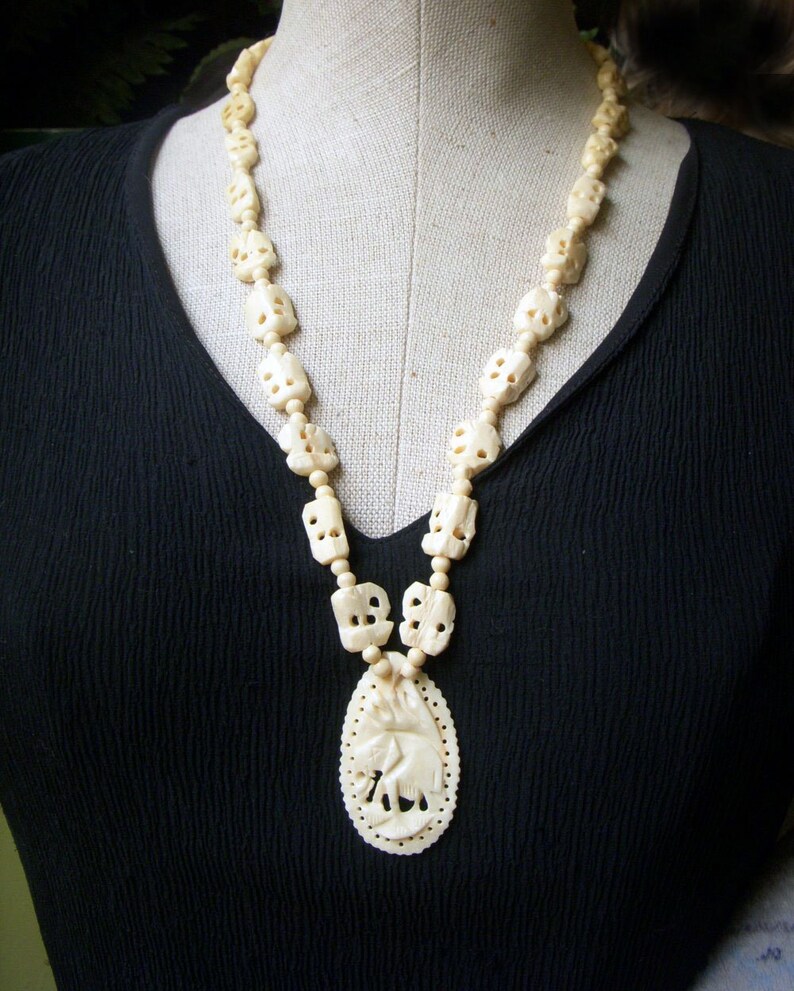 Vintage Carved Bone Necklace, Elephant Pendant, African Safari Necklace ...