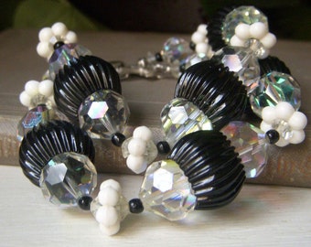 Vintage Art Deco Style Bracelet, Black and White with Clear Swarovski Crystals, Two Strand Beaded, 1950's Era