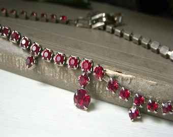 Vintage Art Deco Red Rhinestone Choker Necklace,  1940's Jewelry, Dark Siam Prong Set