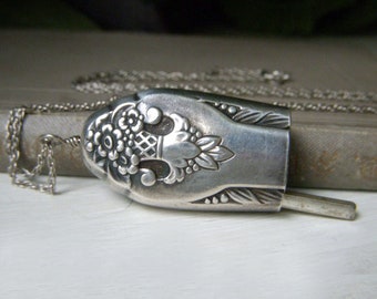 Vintage Silver Cowbell Pendant Necklace, Etched Art Nouveau Floral Design, Long 24 Inch Chain