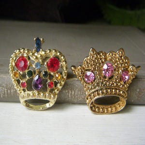 Vintage Crown Brooch, Lot of Two Rhinestone Crown Pins, Goldtone Mid Century Jewelry, 1950&#39;s Regal Royal Pins Goldtone Pink and Multi Color
