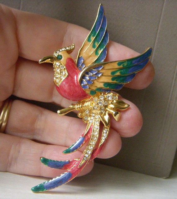 Bird of Paradise Enamel and Rhinestone Brooch, On 