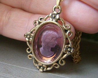 Amethyst Cameo Necklace, Reverse Carved Purple Glass, Pendant Vintage Goldtone, 19.5" Rope Chain, Victorian Revival