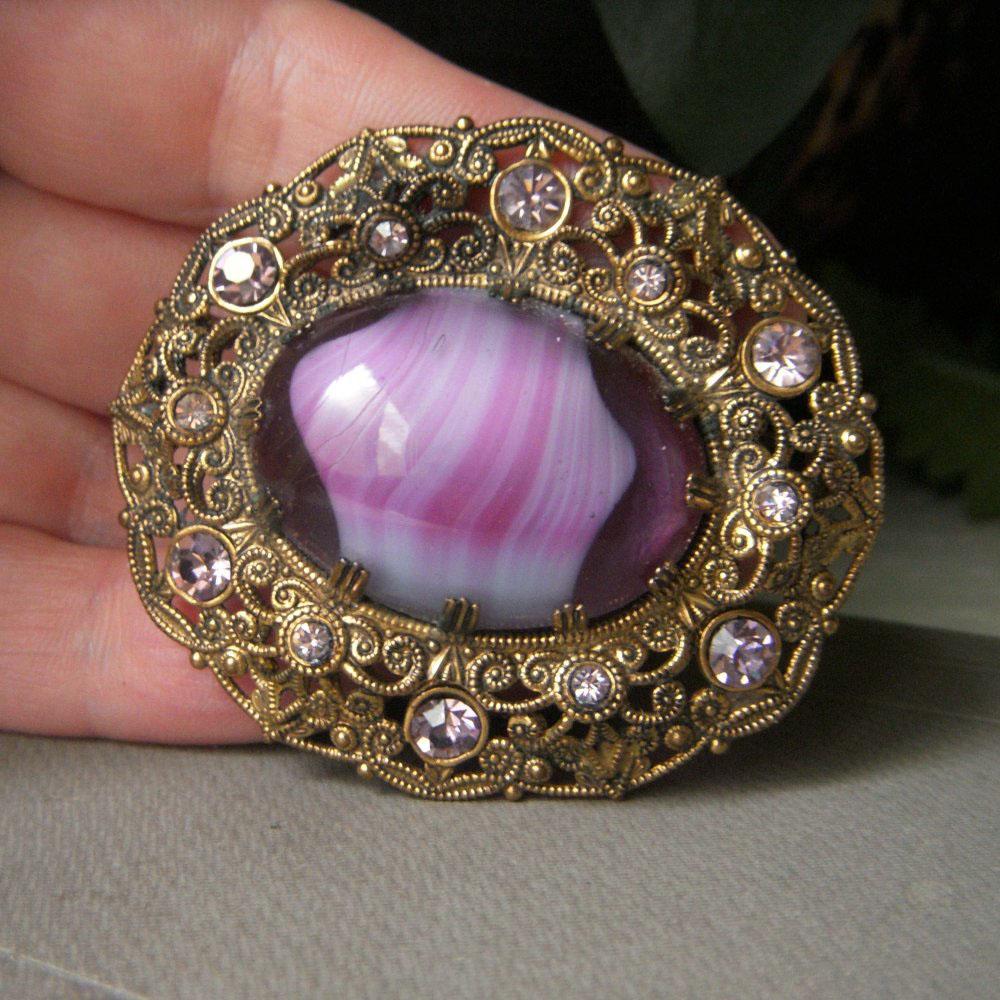 West Germany Red Fire Polished Filigree Brooch, Faux Pearls