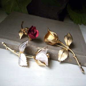 Vintage Giovanni Rose Brooch, Lot of 3 Long-Stemmed Roses Pins, Red Gold Silver